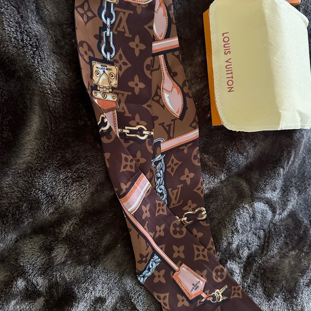 Louis Vuitton Brown Monogram Printed Silk Scarf with Gold Accents - Picture 2 of 3